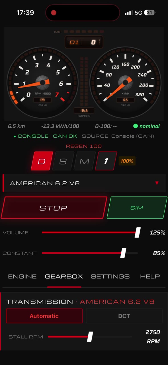 TORBO gearbox settings with Automatic selected and a stall rpm of 2750